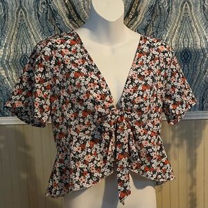 Shein Floral Print Crop Tie Front Blouse, Size L